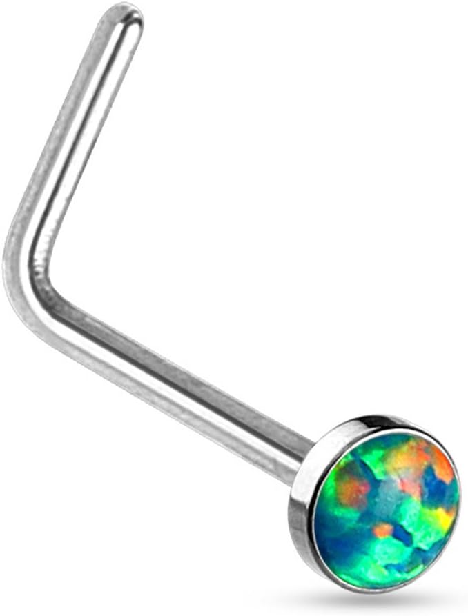 FifthCue 20G Synthetic Opal Set Flat Top PVD Over 316L Surgical Steel L bend Stud Nose Rings - Image 1